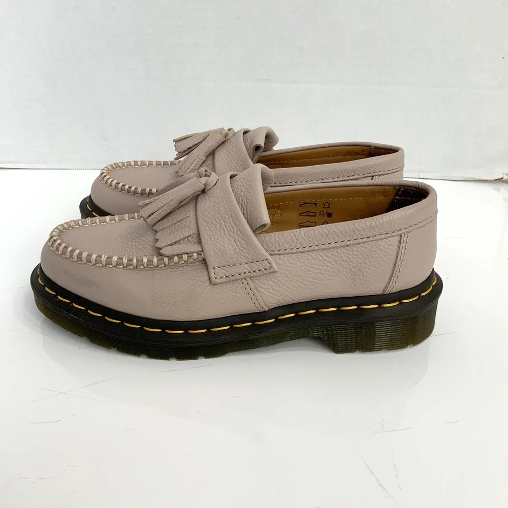 Dr. Martens Sz 6 Adrian Beige Gray Leather Kiltie Tassel Loafers Neutral Office